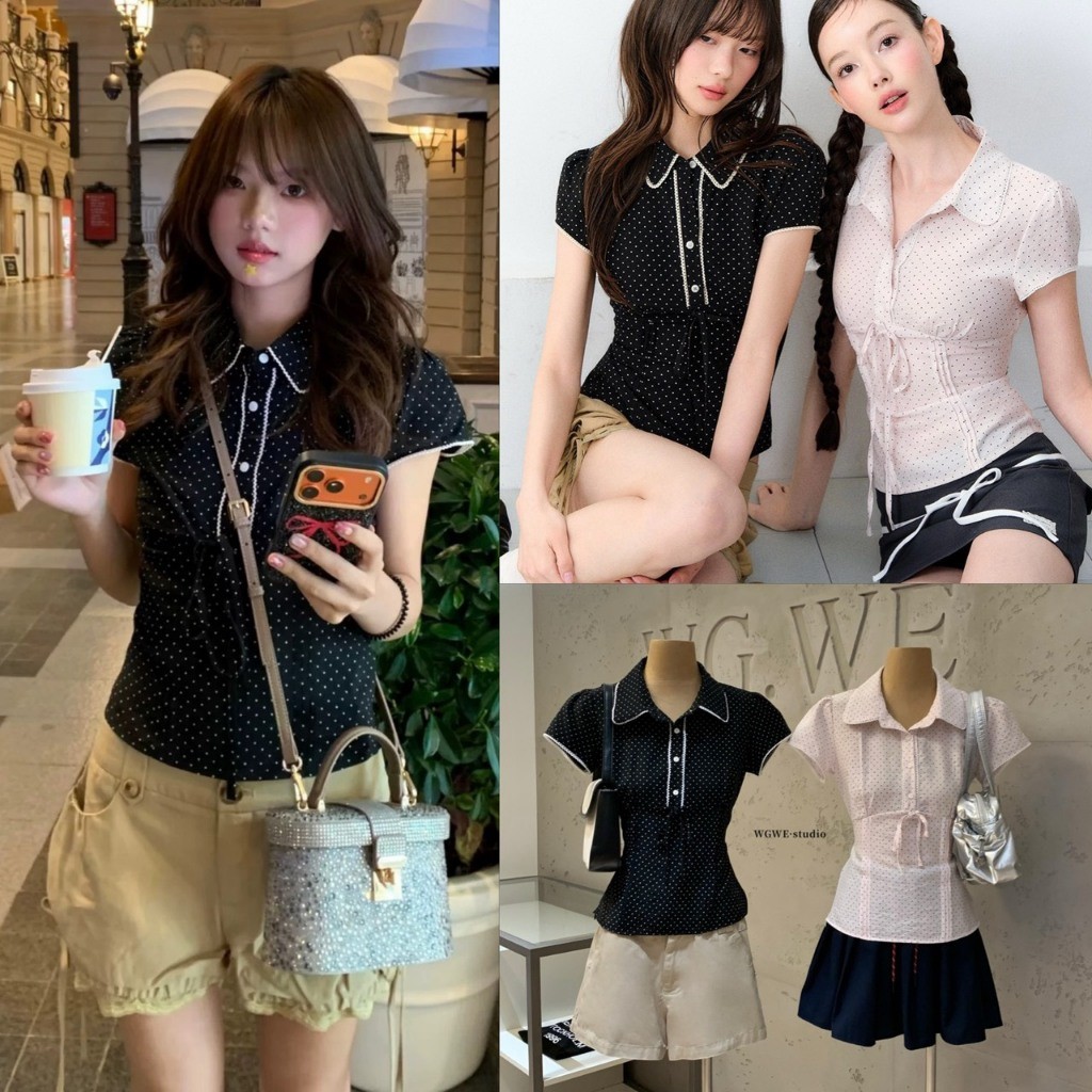 ❤ 🧵 🇰🇷 W9737 เสื้อคอปกแขนสั้น ลายจุด แต่งกระดุม ทรงเข้ารูป ผ้าดีใส่สบาย แมทซ์ง่ายค่า แฟชั่นเกาหลี TAG WG.WE 🧡
