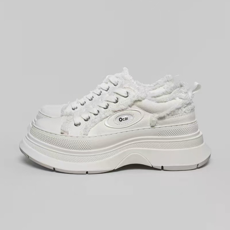 Ocai ซ้าย Bank สีเทา Retro High-End Frayed รองเท้าลําลองผู้หญิง 2025 ฤดูใบไม้ร่วงหนา Soled รองเท้าผ้