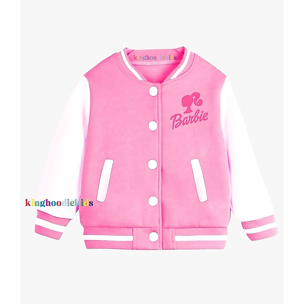 Barbie Girls Varsity แจ็คเก็ตอายุ 2 3 4 5 6 7 8 9 10 11 12 ปี Unisex สาวเบสบอลแจ็คเก็ต/ตุ๊กตาบาร์บี้เสื้อกันหนาว Hoodie สําหรับเด็กวัสดุขนแกะ Akp Thailand