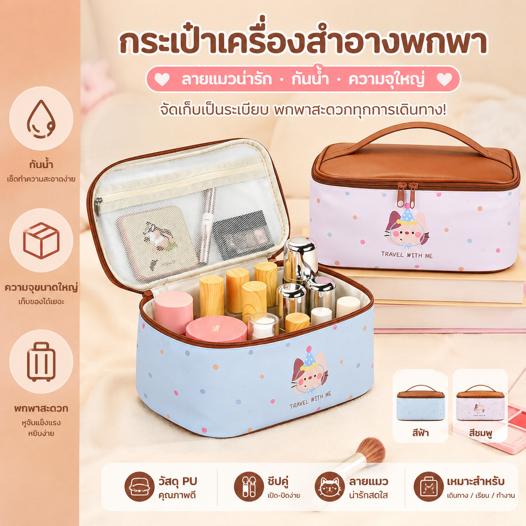กระเป๋าเครื่องสําอาง กระเป๋าออแกไนเซอร์ ขนาดใหญ่ กันน้ํา หนัง PU กระเป๋าใส่อุปกรณ์อาบน้ำ จุของได้เยอะ