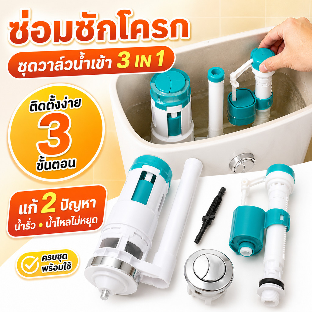 วาล์วน้ำเข้าชักโครก ชุดอะไหล่ซ่อมถังพักน้ำ ห้องน้ำ สุขภัณฑ์ ลูกลอย ปุ่มกด เปลี่ยนเองง่าย น้ำเข้าเสถียร ใช้สะดวก ทั่วไป