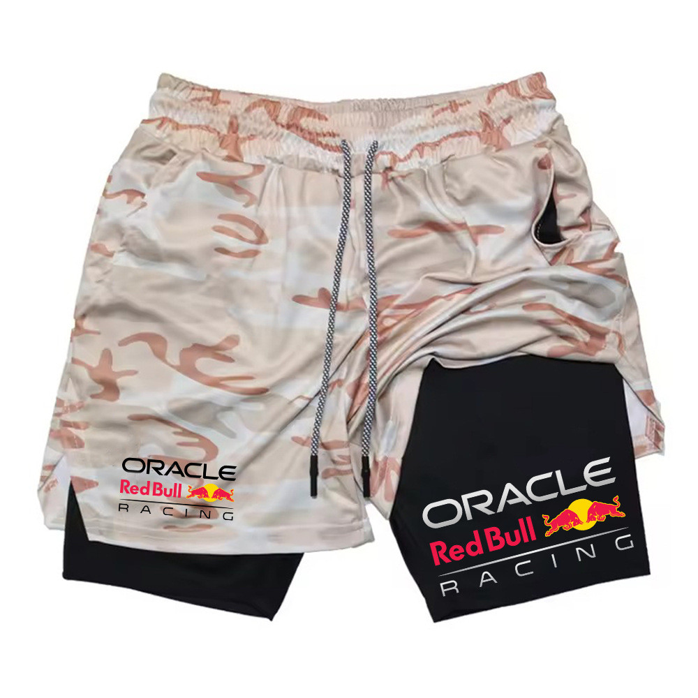 ใหม่ผู้ชาย 2 ใน 1 Red Bull กีฬากางเกงขาสั้น Breathable Casual Quick-Drying กางเกงขาสั้นคู่ฤดูร้อนวิ่งกางเกงขาสั้นชายหาด