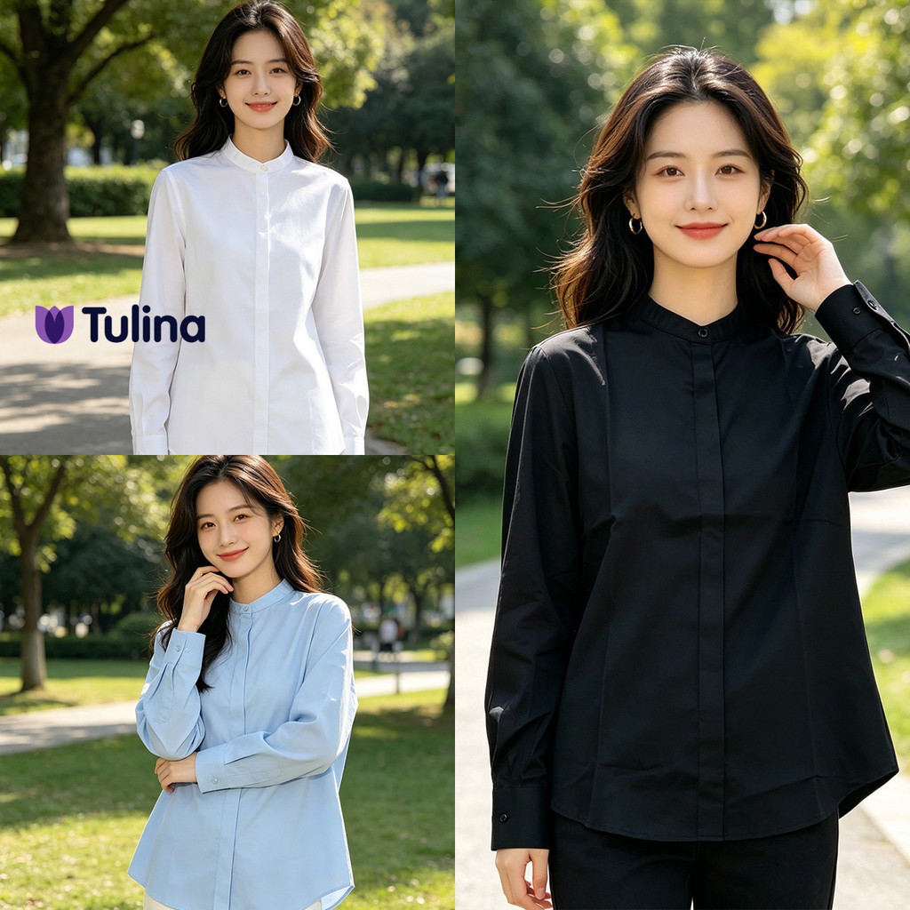 เสื้อเชิ้ตผู้หญิงแขนยาว คอปกทรงเบสิก ผ้าคอตตอนพรีเมียม สวมใส่สบาย