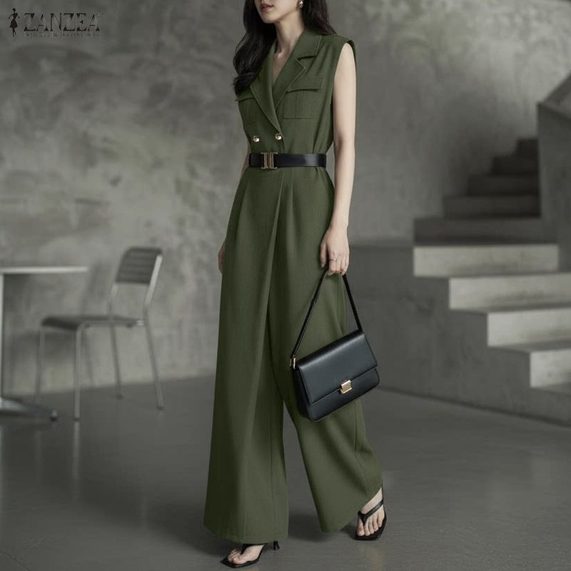 ZANZEA ผู้หญิงสํานักงานอย่างเป็นทางการเกาหลี OL Notch Lapel Double-Button แขนกุดขากว้าง Elegant Jumpsuits — صورة 5