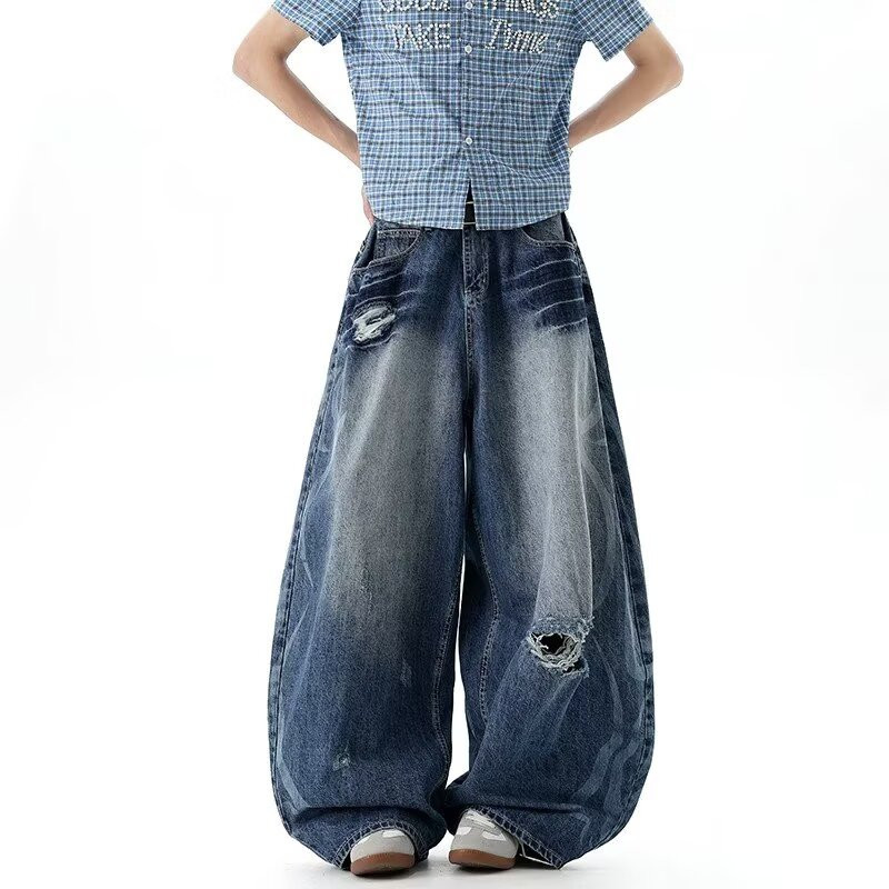 Baolongxin American Retro Washed Cat Beard Macete Jeans