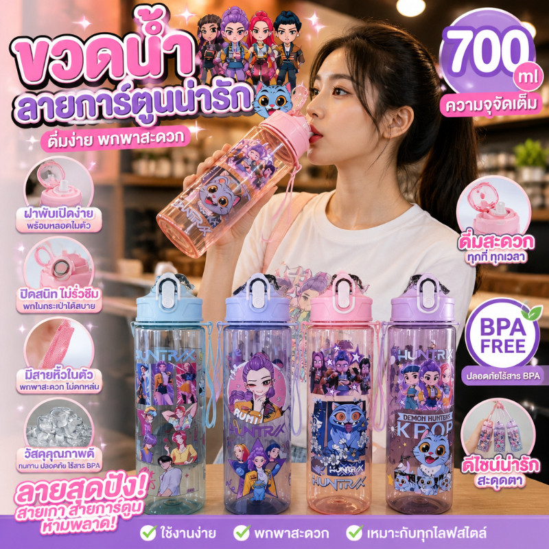 K-pop Demon Hunters ถ้วยน้ำ 700ml ZOEY RUMI MIRA แก้วฟางพลาสติก อะนิเมะน่ารัก พร้อมของขวัญขวดน้ำฟาง
