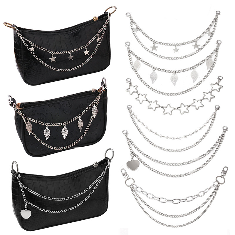 Y2K กระเป๋าโซ่ตกแต่ง Multi-Layer เงินโซ่โลหะ Star Leaf และ Heart Charms สําหรับกระเป๋าถือ DIY และกระเป๋าเป้สะพายหลัง