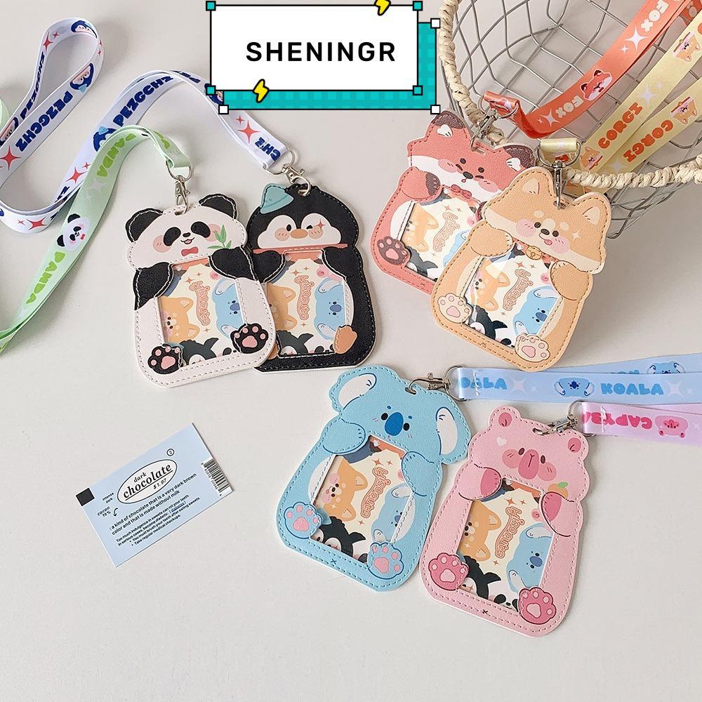SHENING5R การ์ดรถบัสสําหรับเด็ก,พร้อมที่ใส่ป้ายเชือกเส้นเล็กผู้ถือบัตร,การ์ตูนสัตว์หนัง PU กันน้ําการ์ดแขน