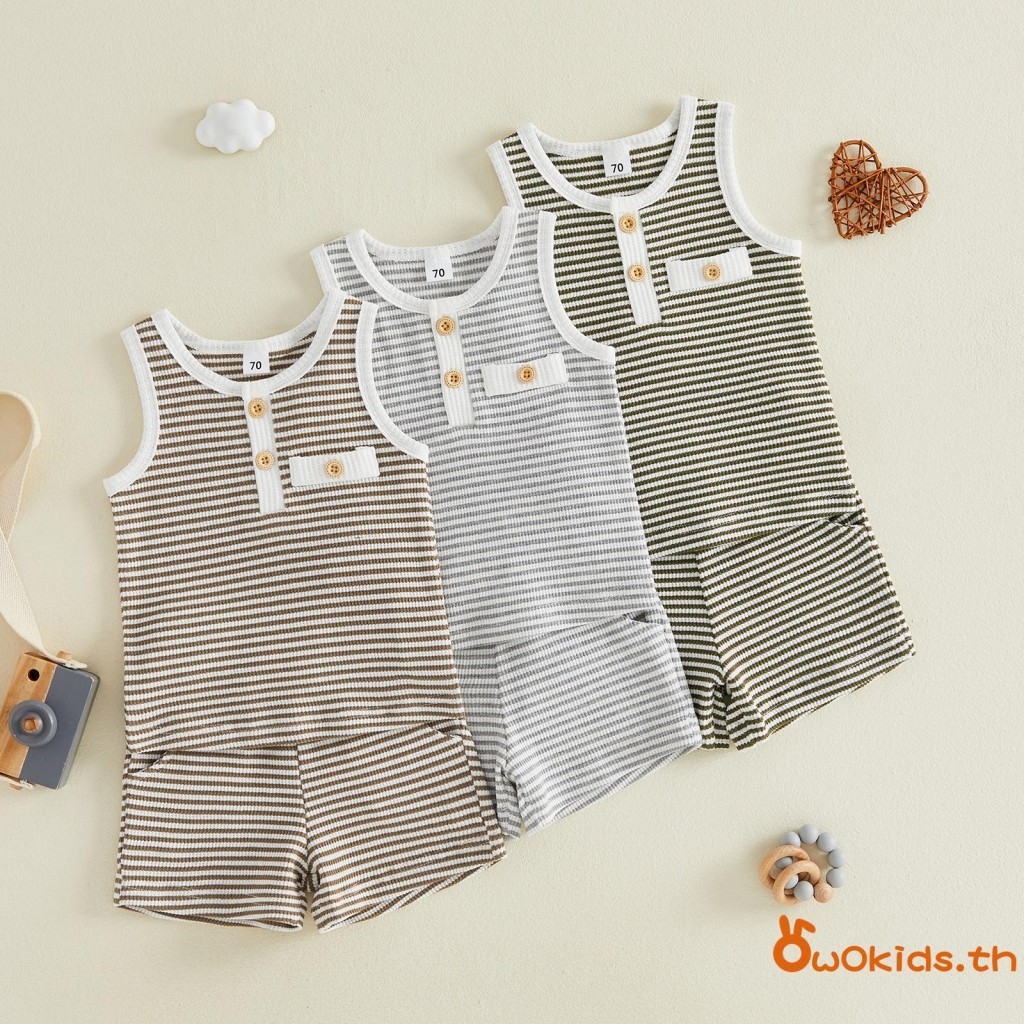 GRAO- เด็กวัยหัดเดินเด็กชายฤดูร้อนชุดลายปุ่มเสื้อกล้ามแขนกุดวาฟเฟิล + กางเกงขาสั้นเอวยางยืด 2 ชิ้นชุดเสื้อผ้า