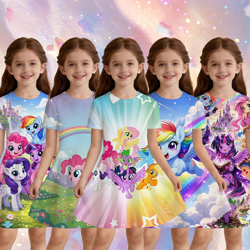 3-13 ปีสาวฤดูร้อนแขนสั้นชุดนิเมชั่นการ์ตูนม้าน้อยของฉันพิมพ์ไม่ขัดระบายอากาศเย็นเด็กที่ไม่ซ้ํากันทุกวันพักผ่อนวันหยุดของขวัญ