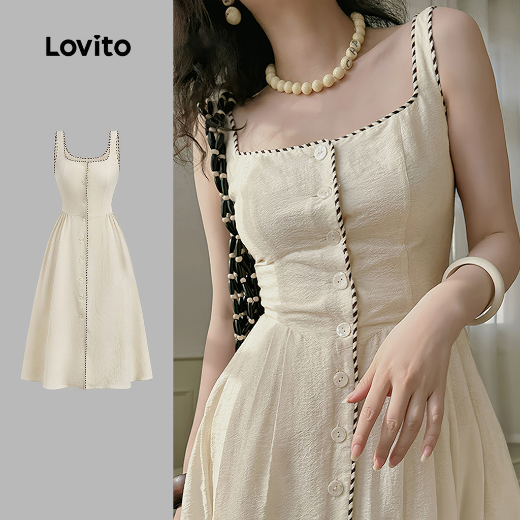 Lovito เดรสสายเดี่ยวสำหรับคุณผู้หญิง สไตล์แคชชวล สำหรับฤดูร้อน/ฤดูใบไม้ผลิ L143ED382