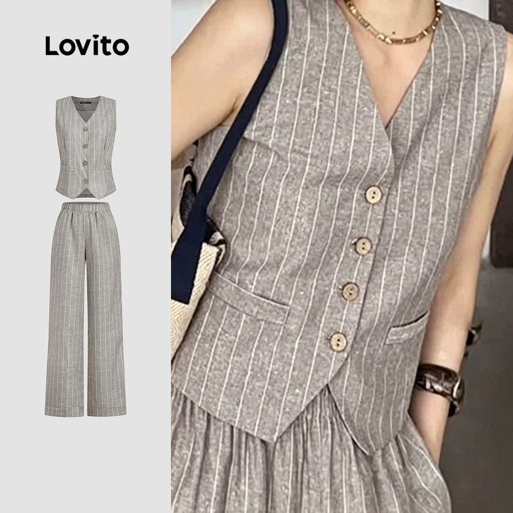 Lovito  เสื้อหรือกางเกงผู้หญิงสําหรับฤดูใบไม้ผลิ/ฤดูร้อน ที่มีปุ่มหรือซิปที่ดูหรูหรา LK3LD323