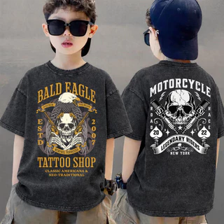 COD 2026 สินค้าใหม่ ทรงหลวม คอกลม เสื้อเด็ก kids Distressed T-shirt ผ้าฝ้าย เด็กชาย เสื้อผ้าเด็ก t-shirt Q370
