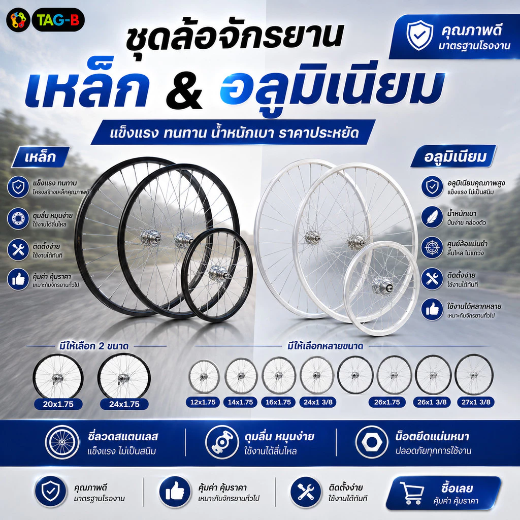ชุดล้อจักรยานอลูมีเนียม 12x1.75 14x1.75 16x1.75 20x1.75 24x1.75 24x1 3/8 26x1.75 26x1 3/8 27x1 3/8