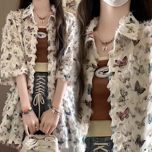 STYLE#เสื้อเชิ้ตแขนสั้นผู้หญิง ลายผีเสื้อ คอปกพับลง สไตล์เรโทรอเมริกัน ดีไซน์ไม่ซ้ำใคร#W707