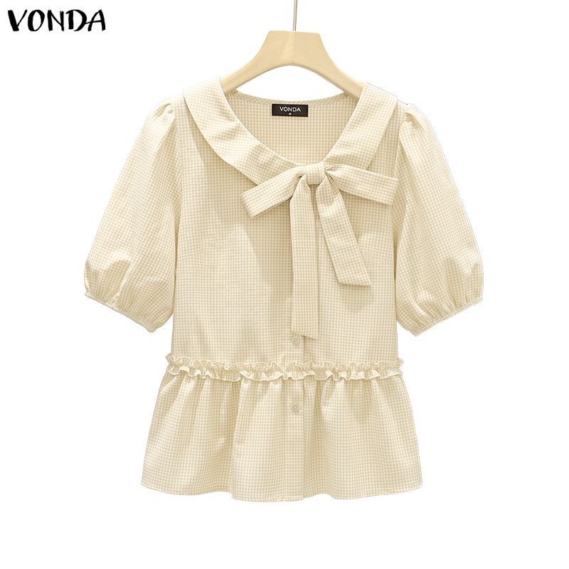 VONDA ผู้หญิงเกาหลีฤดูร้อนคอไม่สมมาตรหวาน Bowknot Decor พัฟแขน A-Line เสื้อเบลาส์