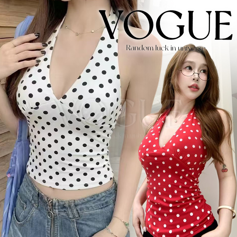 Vogue🌟พร้อมส่ง🌟 เสื้อคล้องคอเปิดหลัง คอวีลายจุด ผ้ายืดมีฟองน้ำในตัว สุดคิ้ว (FY3005#2)