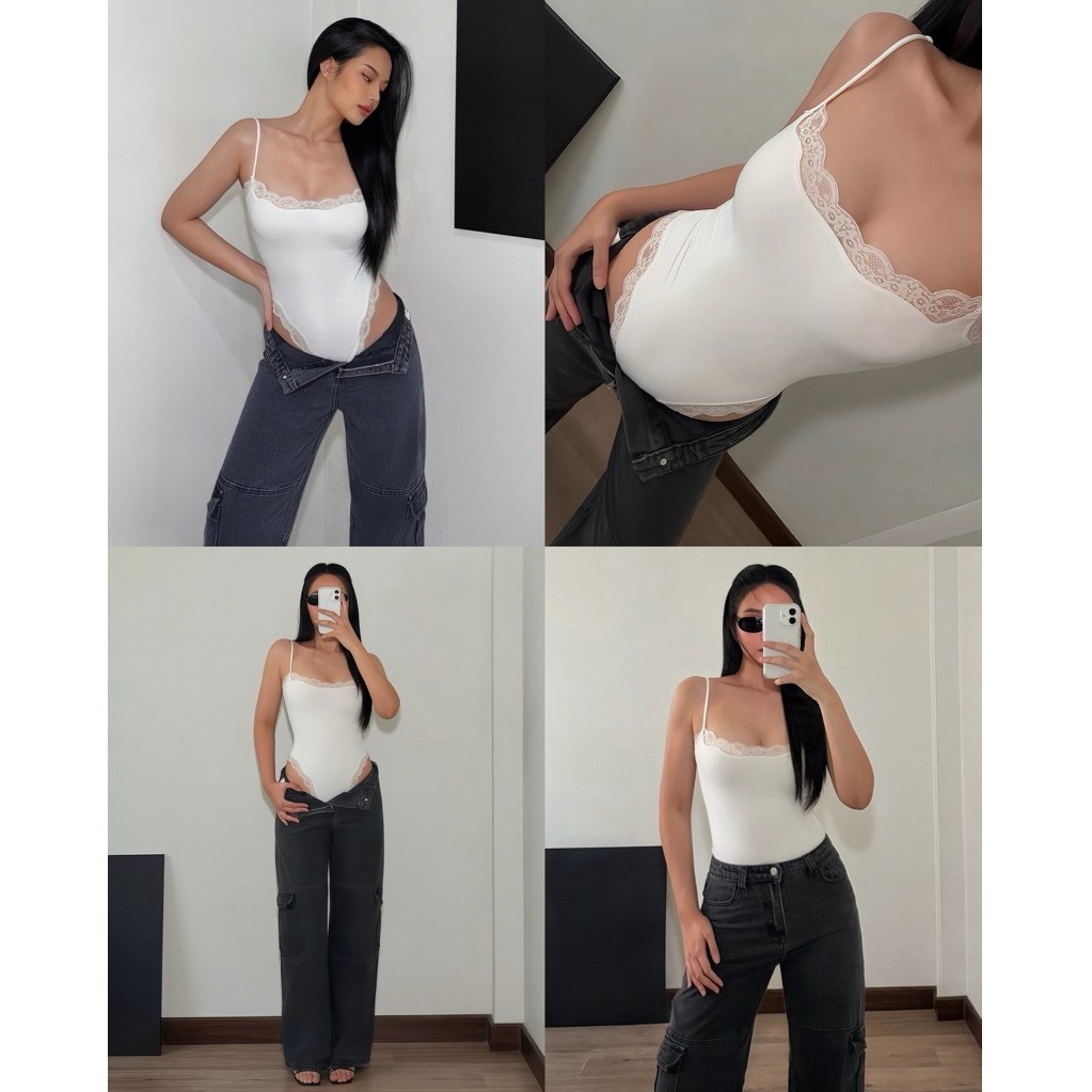 Babe lace bodysuit บอดี้สูทสายเดี่ยว ดีเทลขอบลูกไม้พรีเมียม เซ็กซี่ปนหวาน แฟชั่นผู้หญิง พร้อมส่ง
