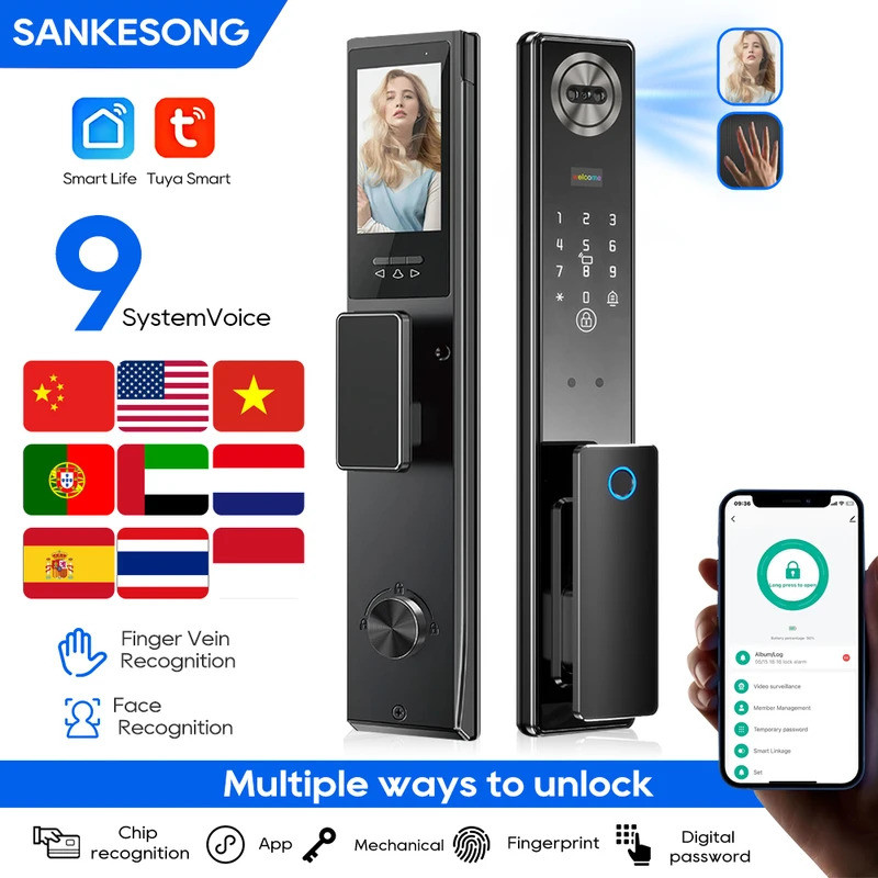 SANKESONG 3D Face Recognition ล็อคประตูอัจฉริยะ,วิดีโอจดจําหลอดเลือดดําสมาร์ทล็อคพร้อมกล้อง,Build-in