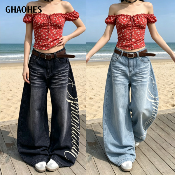 GHAOHES กางเกงยีนส์ขากว้าง 2 สี ฟ้าอ่อน/ดำ ลายตัวอักษรสไตล์แฟชั่น #6657
