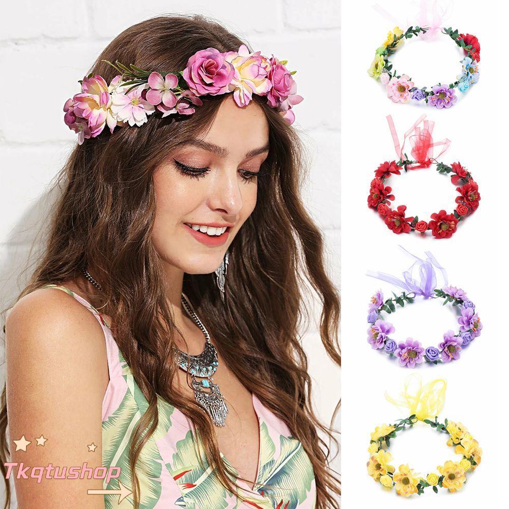 IMIHAN1 โบฮีเมีย Garland ผู้หญิงดอกไม้ใบ Headbands ปรับริบบิ้นเจ้าสาว Halo Headpiece