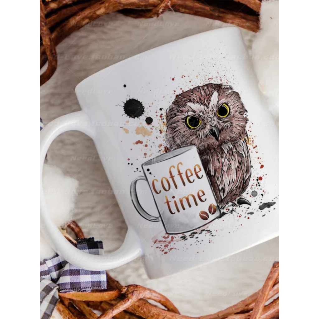 Owl Coffee Time แก้วเซรามิคน่ารัก Creative Cup ins ถ้วยน้ําถ้วยอาหารเช้า Handy Cup ของขวัญ
