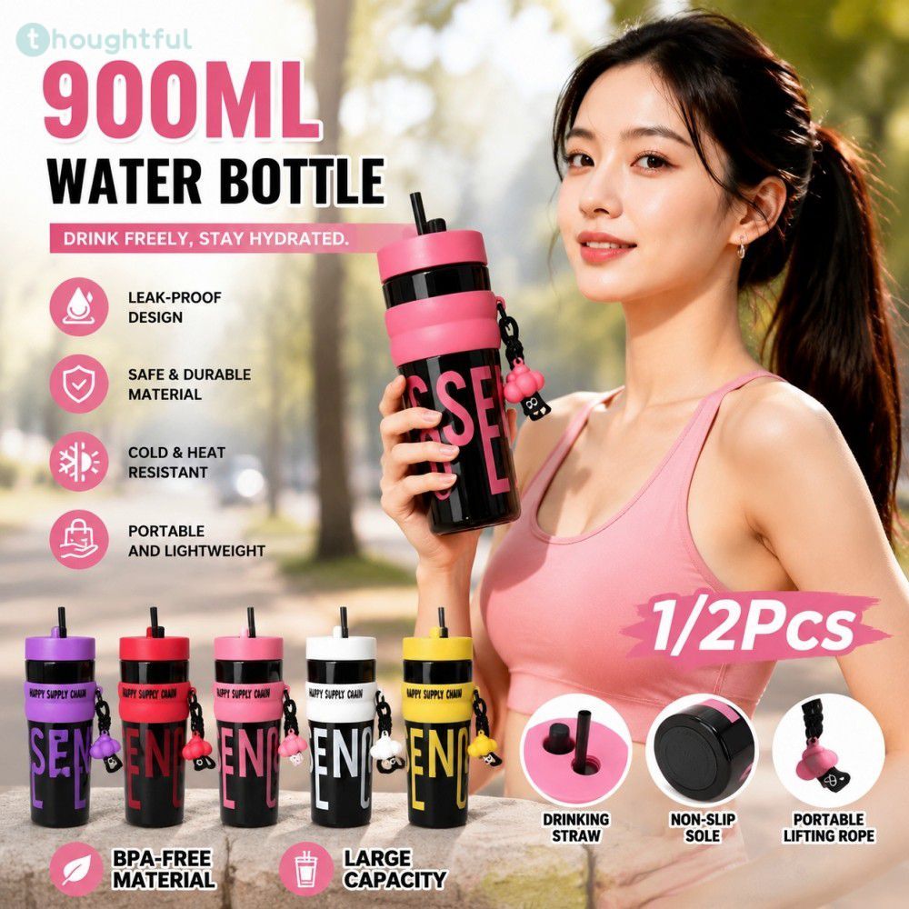 ขวดน้ำพลาสติกขนาดใหญ่ 900 มล. พร้อมหลอดดูดและเชือกยกน้ำหนัก สำหรับกีฬากลางแจ้ง จำนวน 1/2 ชิ้น TH