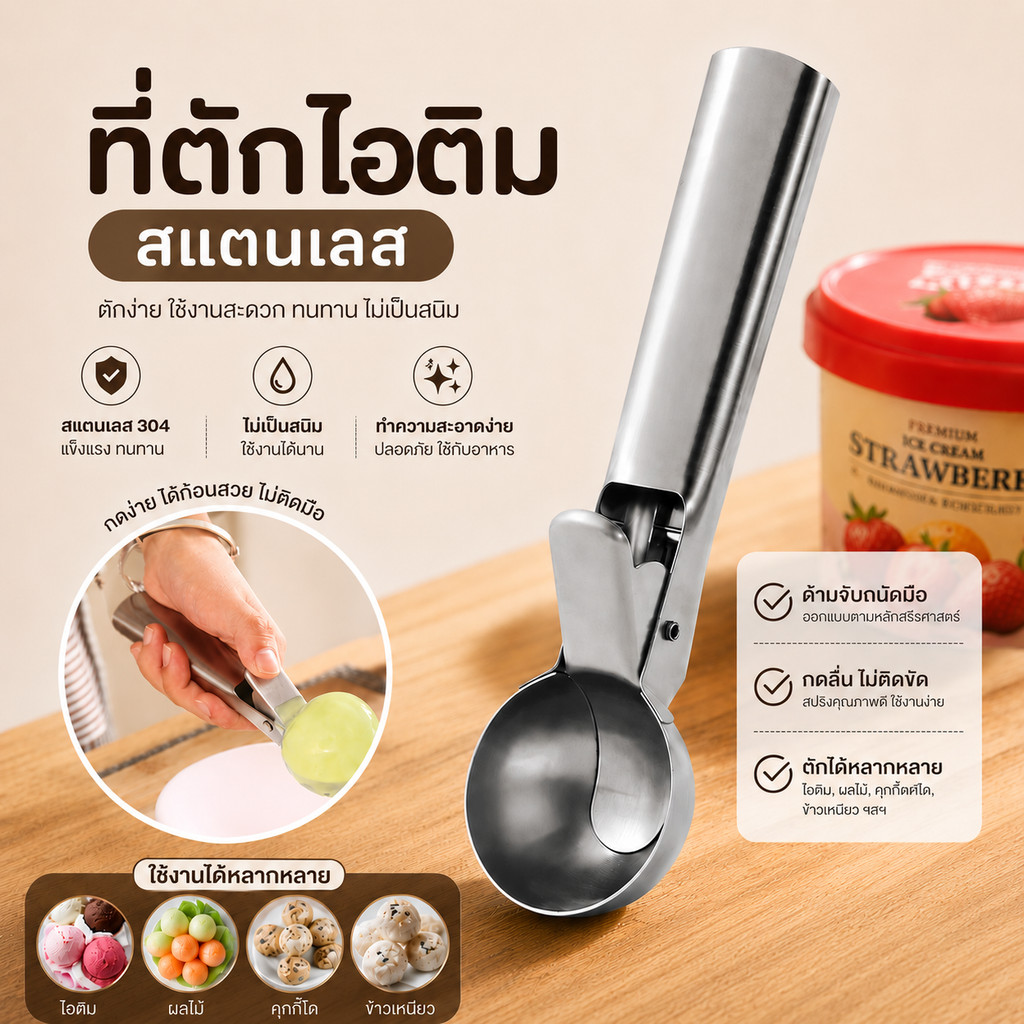 ที่ตักไอศกรีม สแตนเลส 304 ช้อนตักไอติม ใช้งานอเนกประสงค์ ตักผลไม้ อาหาร ใช้งานง่าย ส่งจากไทย