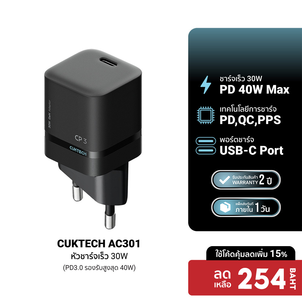 [ลดเหลือ 299] CUKTECH CUBE AC301 หัวชาร์จเร็ว 30W รองรับ PD3.0 Dynamic 40W Adapter GaN หัวชาร์จ สำหรับ iPhone 17 -2Y