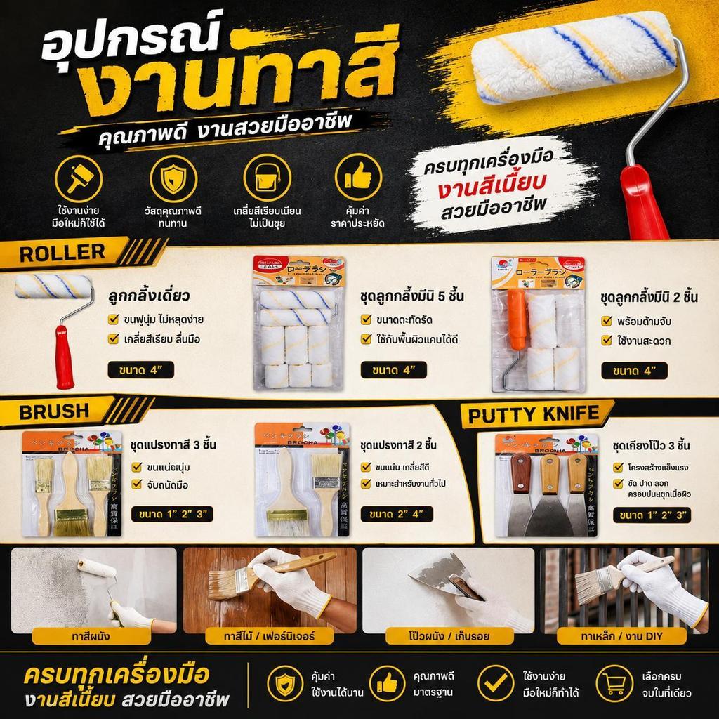 ยกโหล 12 ชิ้น ชุดเครื่องมือทาสีและซ่อมแซมบ้าน ครบชุด | ลูกกลิ้งทาสี แปรงทาสี เกียงโป๊ว | งาน DIY งานช่าง พร้อมใช้งาน