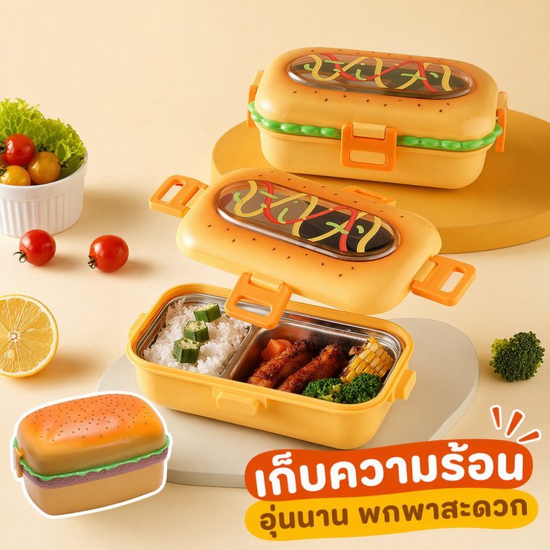 กล่องอาหารสแตนเลส รูปร่างฮอทดอก กันรั่ว เก็บอุณหภูมิ พร้อมช้อนส้อม นักเรียน พนักงาน