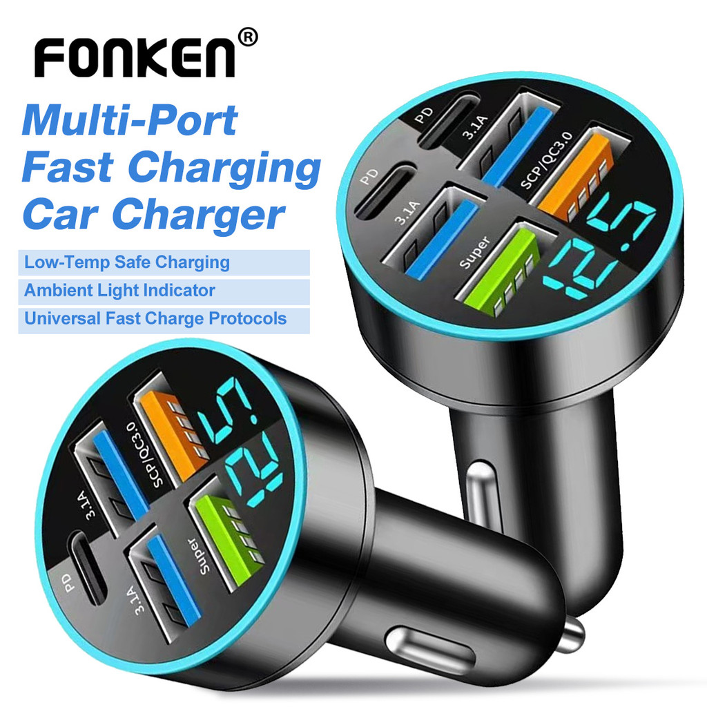 Fonken USB Type-C Fast Charging Car Charger จอแสดงผล LED PD QC3.0 อะแดปเตอร์แปลงไฟโทรศัพท์สําหรับสมา