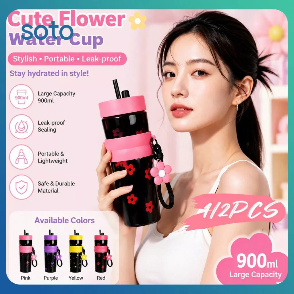 ♫ ขวดน้ำกีฬาแฟชั่นขนาดใหญ่ 900 มล. พร้อมหลอดดูด พกพาสะดวก ป้องกันการรั่วซึม ทำจากพลาสติก