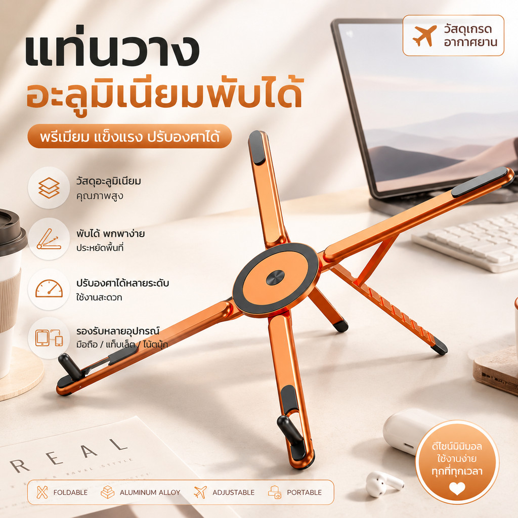 ขาตั้งโทรศัพท์และแท็บเล็ตแท่นวาง iPad/แท็บเล็ต อะลูมิเนียมพับได้ ปรับระดับได้ กันลื่น รองรับมือถือและโน้ตบุ๊ก พกพาสะดวก