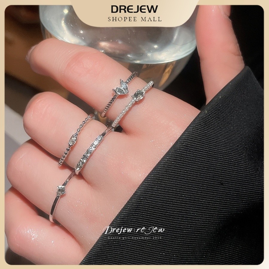 DREJEW แหวนผู้หญิง ชุด 5 ชิ้น ซูเปอร์แฟลช พลอยเทียม เปิดนิ้วชี้ สไตล์เกาหลี แฟชั่นเรียบง่าย ละเอียดอ่อน หรูไฮเอนด์ อเนกประสงค์