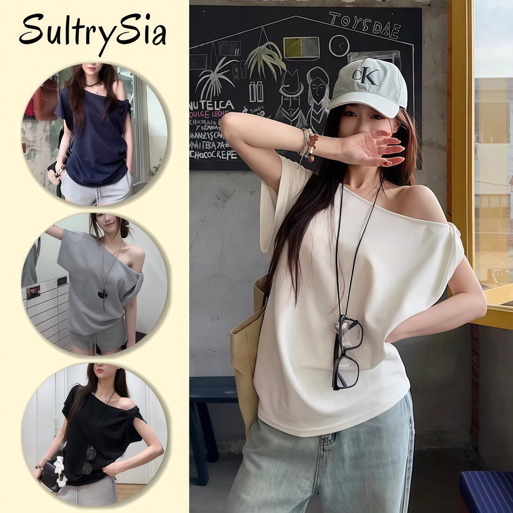 SultrySia เสื้อแขนสั้นคอเฉียงดีไซน์ไม่สมมาตร ทรงทันสมัย เปิดไหล่สุดเซ็กซี่ เนื้อผ้านุ่มใส่สบาย-FYP66