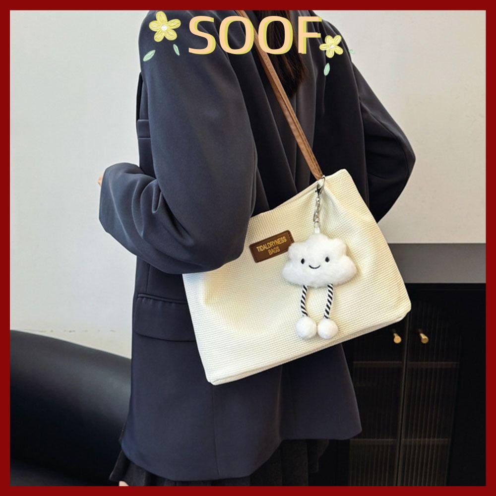 in stock กระเป๋าสะพายไหล่SOOF กระเป๋าสุภาพสตรีความจุขนาดใหญ่ Texture พร้อมจี้ Commuting Bag