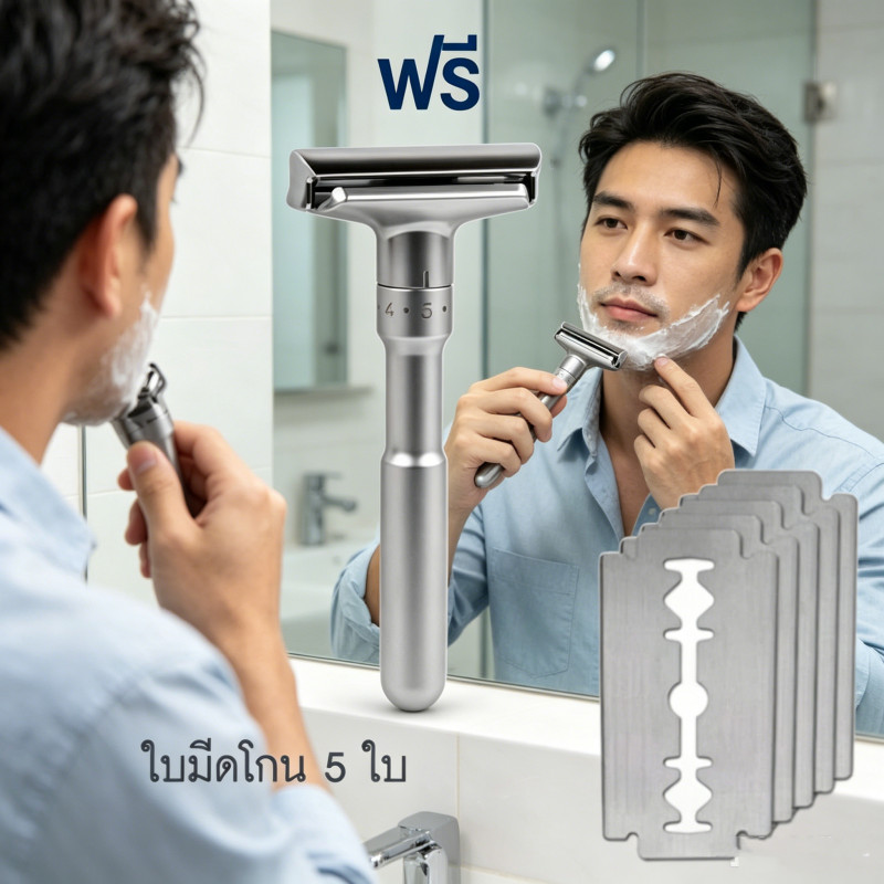 มีดโกนหนวดคลาสสิกปรับสองขอบ แถมใบมีดเคลือบไททาเนียม 5 ชิ้น Razor โกนเรียบเนียน