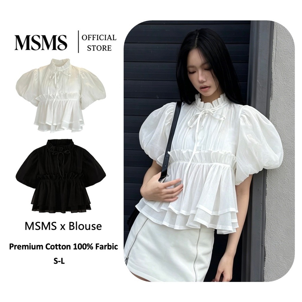 Puff Ruffle Blouse เสื้อเบลาส์แขนฟูคอระบาย โบว์ผูก ทรงครอปชั้นปลาย สีขาว/ดำ S‑L