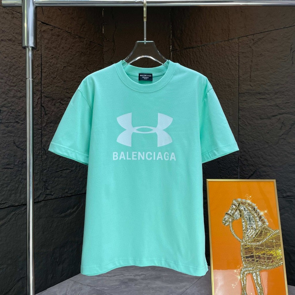 BALENCIAGA/BALENCIAGA 2026 คลาสสิกรอบคอแขนสั้นเสื้อยืดผู้ชายผู้หญิง 2 เส้นหลวมรอบคอเสื้อสวมหัวหนา Im