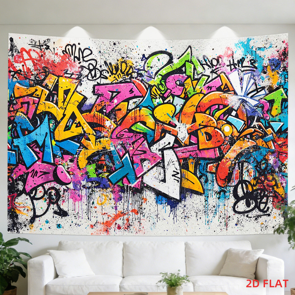 2D Flat - 2D Flat - A Large Tapestry Featuring 2D Flat Printing with Graffiti, Bright Colors, Urban 