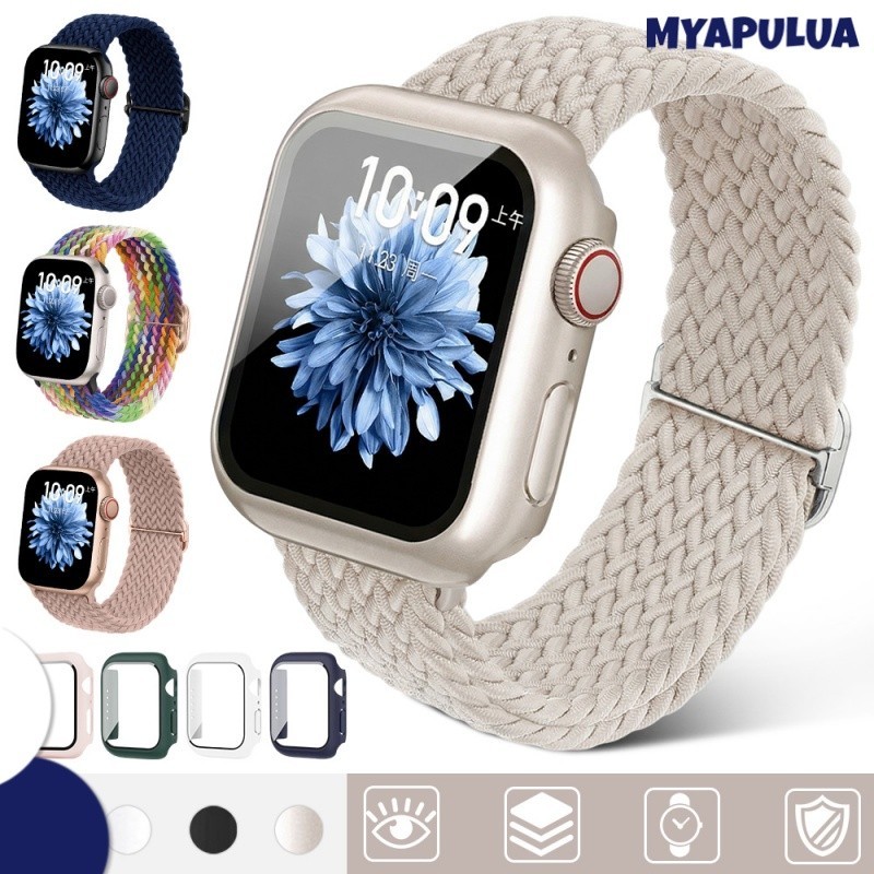 กรณีแก้วนิรภัยปกสายรัดไนล่อน for IWatch Apple Watch SE Ultra 3 2 49มม 46 45 44 42 41 40 38มม Series 11 10 9 8 7 6 5 4 3