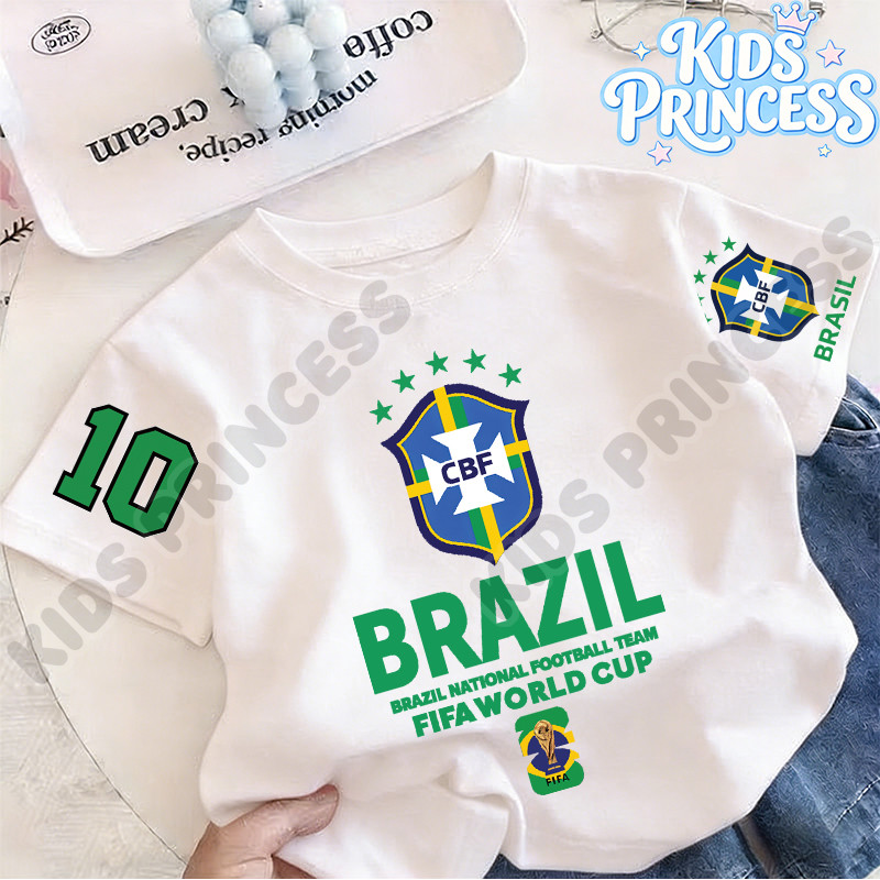 COD KIDS PRINCESS เสื้อยืดเด็ก ลายฟุตบอลบราซิล เบอร์ 10 เสื้อแขนสั้น เด็กชาย เด็กหญิง แฟชั่นกีฬา 90-150CM พร้อมส่ง 2026