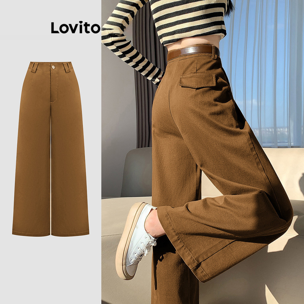 Lovito Casual กางเกงขายาว เบสิก เรียบง่าย สไตล์ลำลอง สำหรับผู้หญิง L110AD480