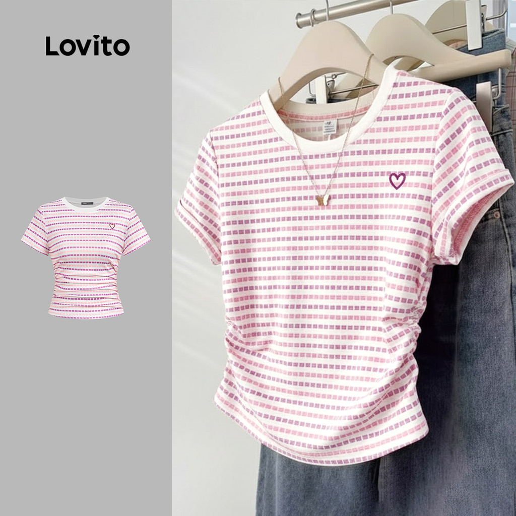 Lovito เสื้อยืดลำลองผู้หญิง สำหรับใส่ทำงาน พักผ่อน ปักลาย สีตัดกัน ฤดูใบไม้ผลิ/ฤดูร้อน สีชมพู LK3ED051