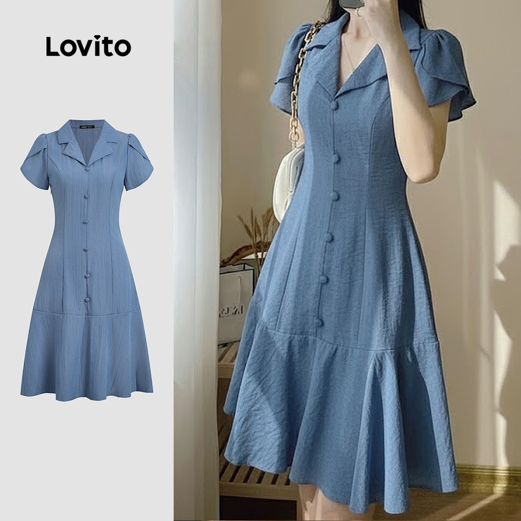 Lovito  เดรสผู้หญิงสีฟ้า แต่งระบายและกระดุม สไตล์หรูหราสําหรับฤดูใบไม้ผลิ/ฤดูร้อน LK3ED102