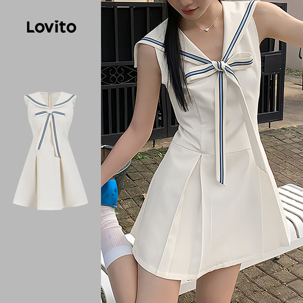 Lovito เดรสสไตล์ พรีปปี้ ผูกโบว์ด้านหน้า เดรสลำลองสีขาวครีมสำหรับฤดูใบไม้ผลิ/ฤดูร้อนสำหรับผู้หญิง L179AD092
