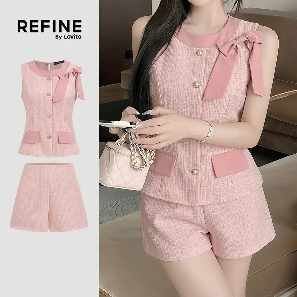 (Refine by Lovito) เสื้อเบลาส์ผู้หญิงผ้าสีชมพูคอปกฤดูร้อนแบบกระดุมหน้าพร้อมกระเป๋าปลอมสําหรับใส่ลําลอง LR38E048