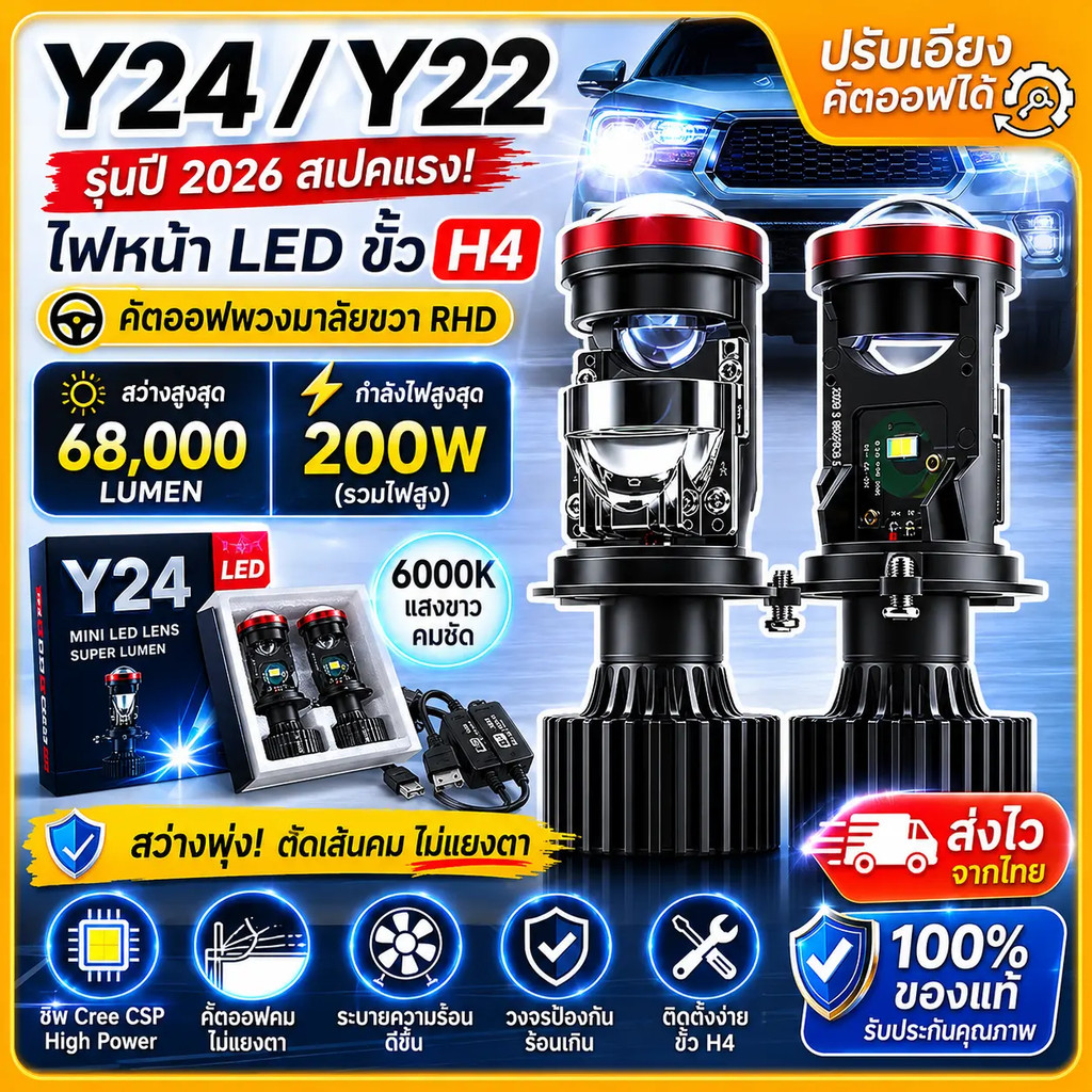 🔥จัดส่งที่รวดเร็ว🔥ไฟหน้า Y24 Y22 โฉมปี2026 ปรับเอียงคัตออฟได้ สเปคดีกว่า Y20Hขั้วH4 คัตออฟพวงมาลัยขวา RHD