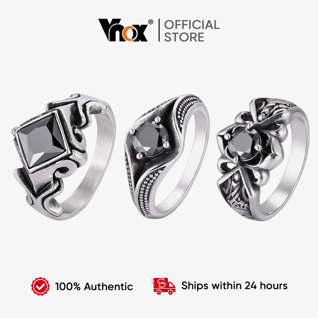 Vnox แหวนวินเทจสําหรับผู้ชายเพทายสีดํา,สแตนเลส Gothic Punk Statement Band แหวนของขวัญแต่งงาน